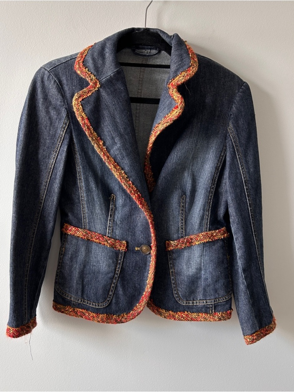 Betty Barclay Denim Women's Blazer Size 6 Orange Trim Boho Artsy